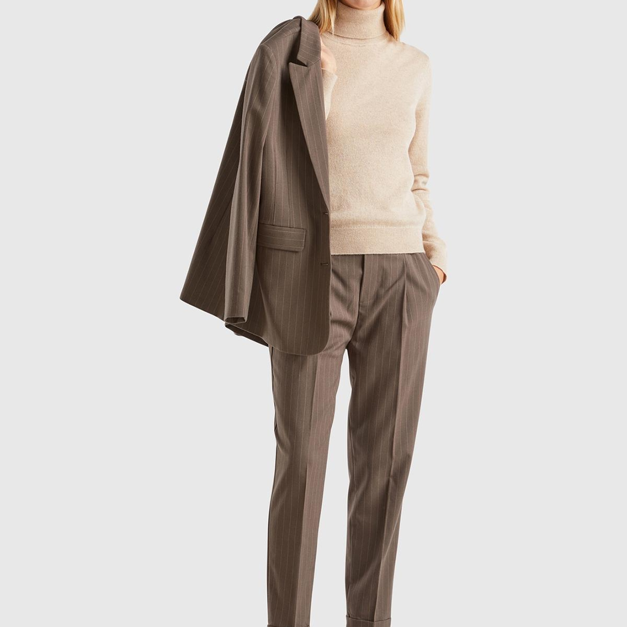 Kadın Taba Viskoz Karışımlı Beli Lastikli İnce Çizgili Jogger Pantolon