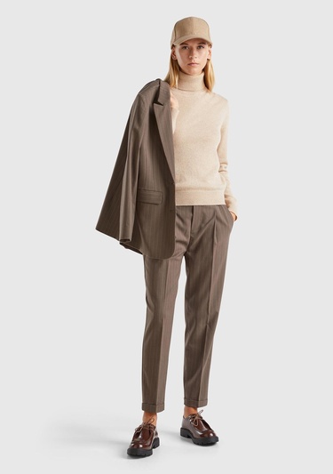  Kadın Taba Viskoz Karışımlı Beli Lastikli İnce Çizgili Jogger Pantolon