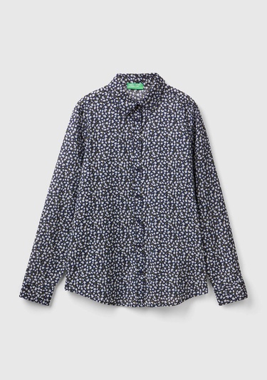  Kadın Lacivert %100 Koton Desenli Gömlek