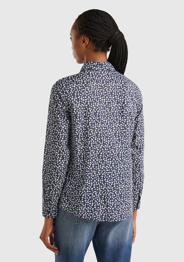  Kadın Lacivert %100 Koton Desenli Gömlek