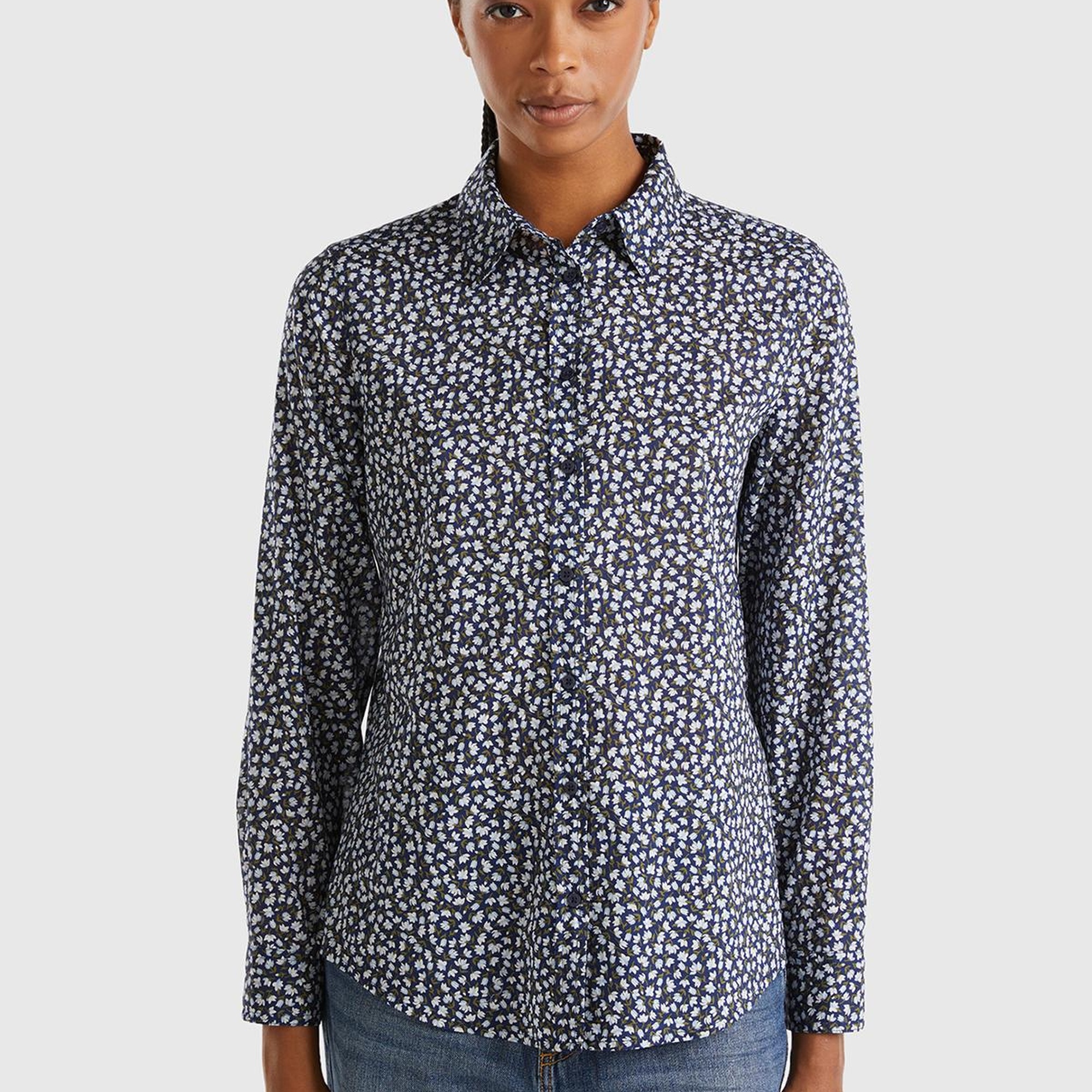 Kadın Lacivert %100 Koton Desenli Gömlek