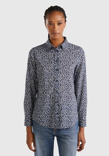  Kadın Lacivert %100 Koton Desenli Gömlek
