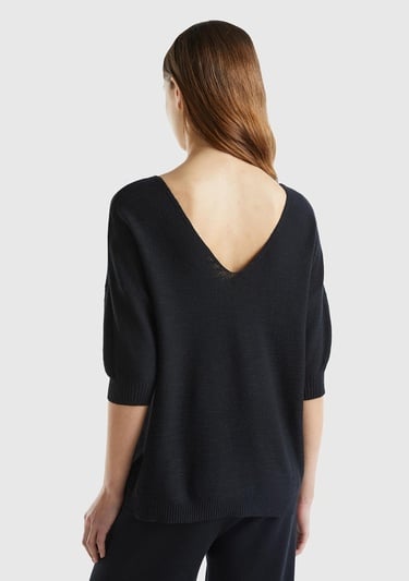  Kadın Siyah Pamuk Keten Karışımlı Kolları Büzgülü V Yaka Kazak