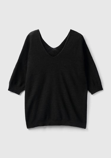  Kadın Siyah Pamuk Keten Karışımlı Kolları Büzgülü V Yaka Kazak