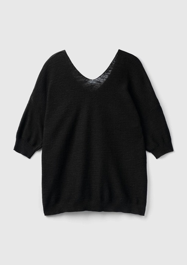  Kadın Siyah Pamuk Keten Karışımlı Kolları Büzgülü V Yaka Kazak
