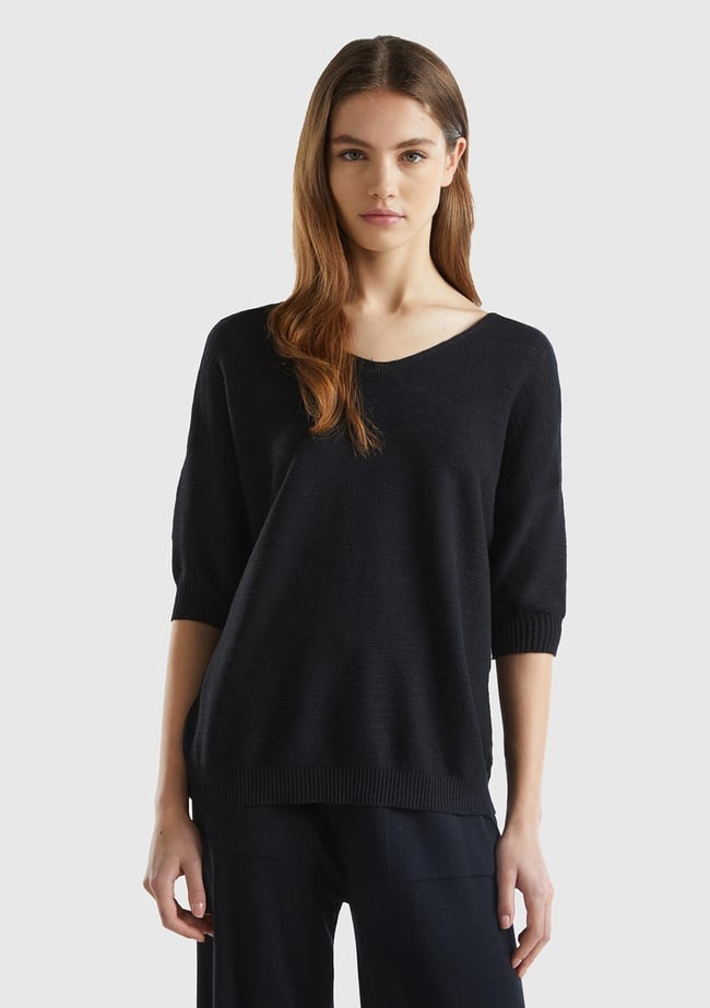  Kadın Siyah Pamuk Keten Karışımlı Kolları Büzgülü V Yaka Kazak