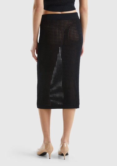  Kadın Siyah %100 Pamuk Örgü Motifli Diz Altı Etek