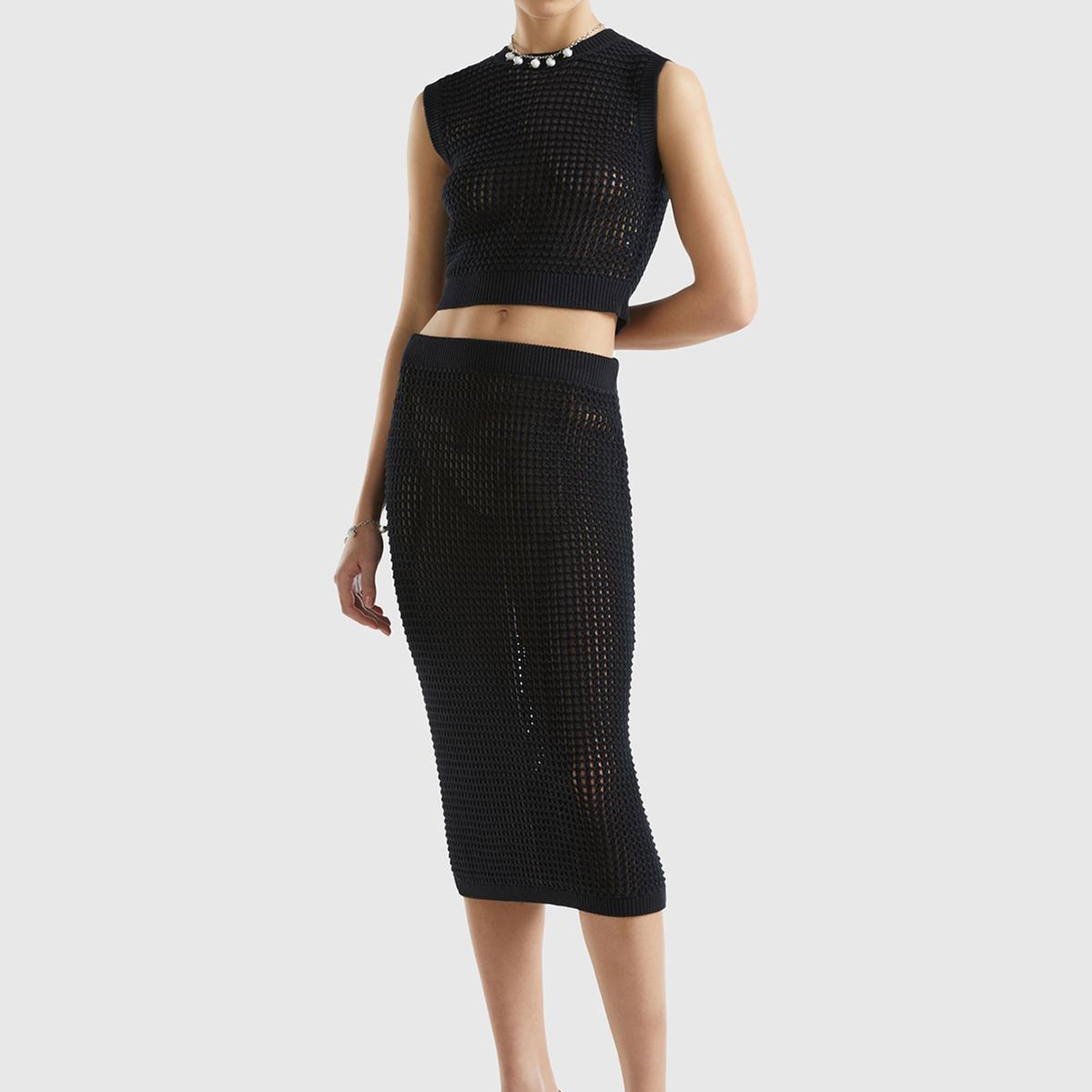 Kadın Siyah %100 Pamuk Örgü Motifli Diz Altı Etek