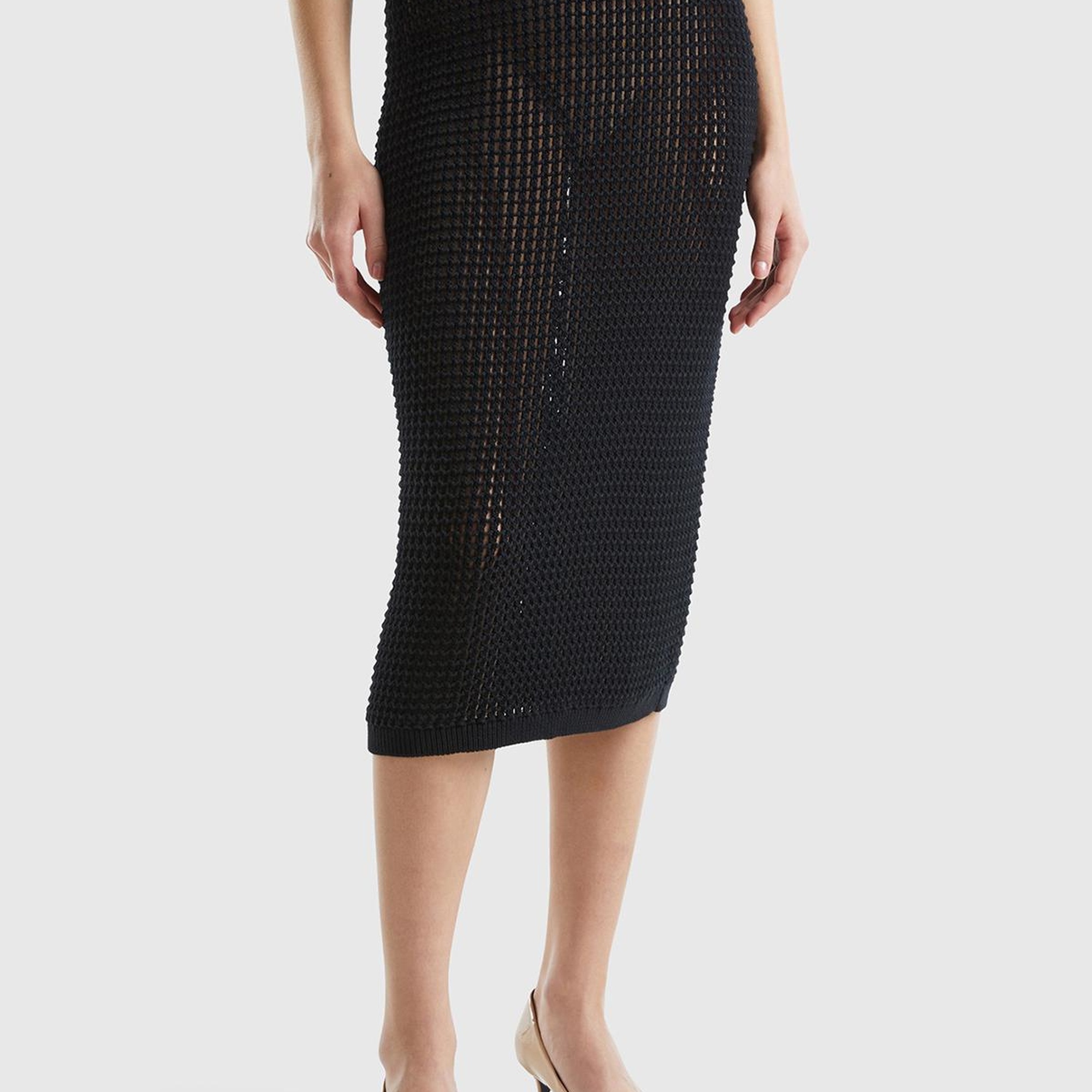 Kadın Siyah %100 Pamuk Örgü Motifli Diz Altı Etek