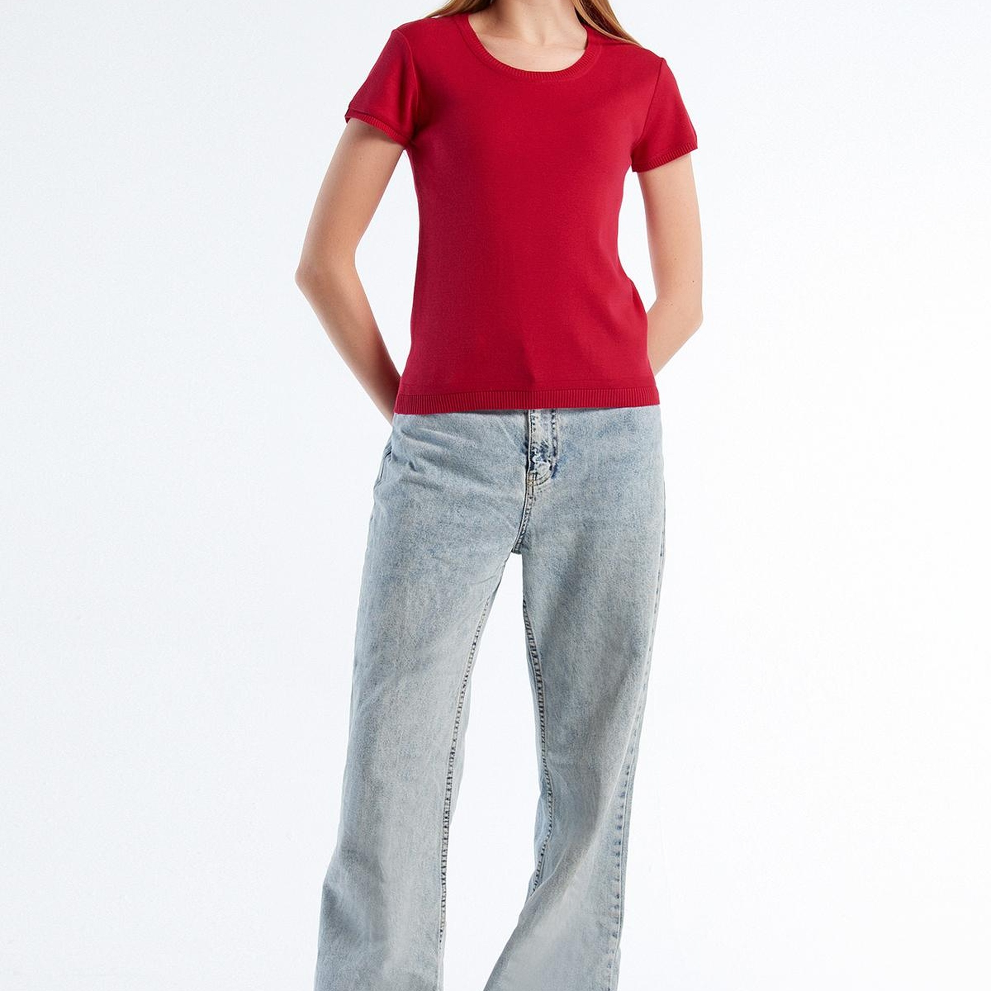 Kadın Fuşya %100 Koton Bisiklet Yaka Kısa Kollu Kazak