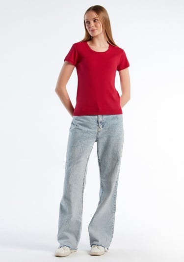  Kadın Fuşya %100 Koton Bisiklet Yaka Kısa Kollu Kazak