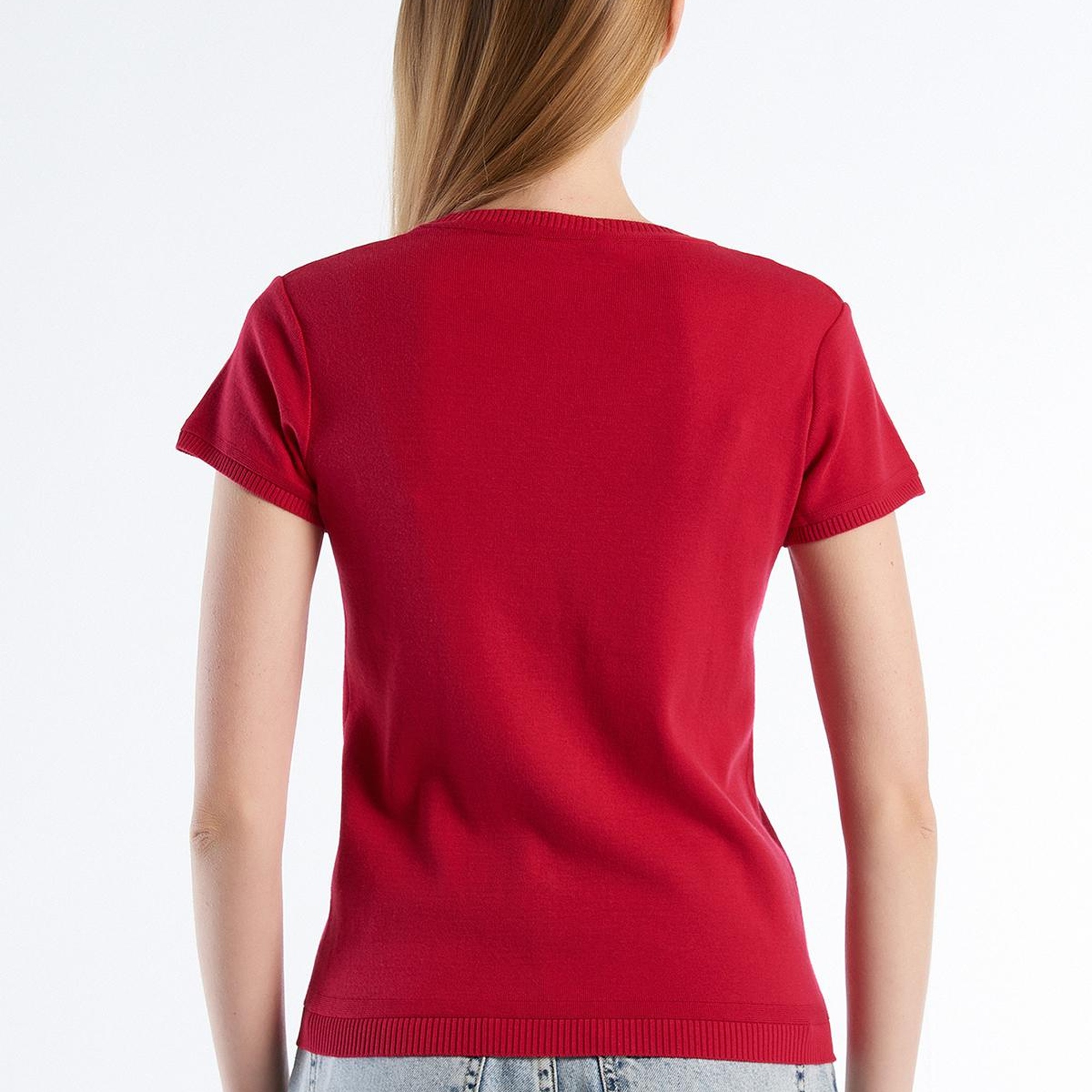 Kadın Fuşya %100 Koton Bisiklet Yaka Kısa Kollu Kazak