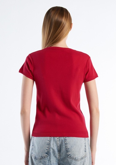  Kadın Fuşya %100 Koton Bisiklet Yaka Kısa Kollu Kazak