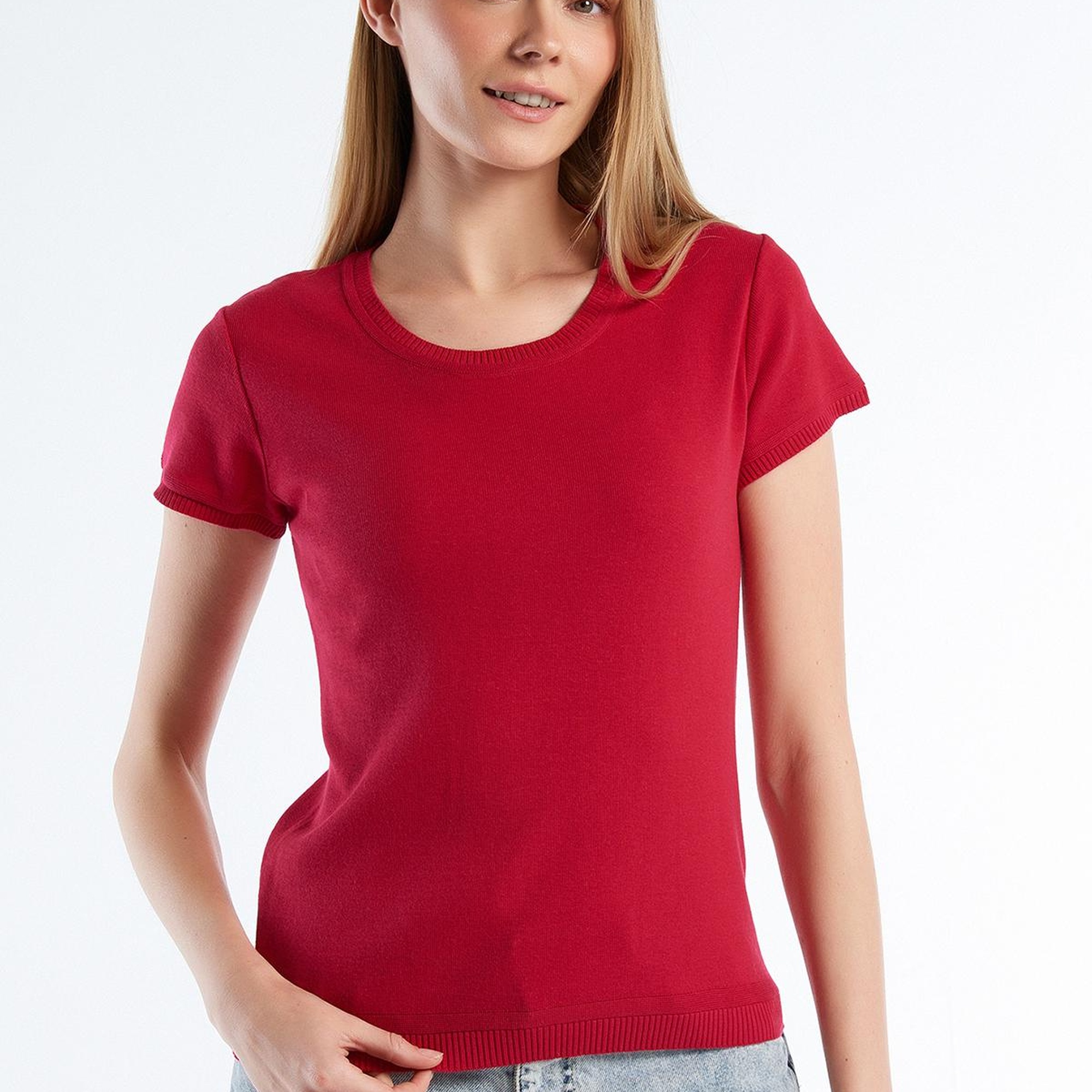 Kadın Fuşya %100 Koton Bisiklet Yaka Kısa Kollu Kazak