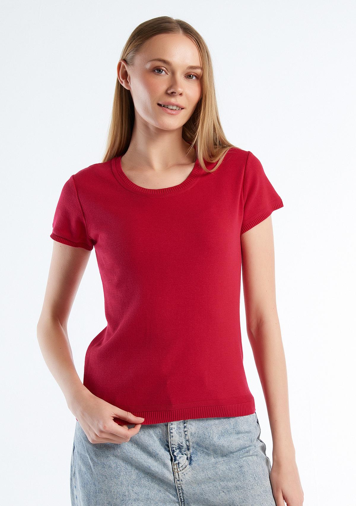  Kadın Fuşya %100 Koton Bisiklet Yaka Kısa Kollu Kazak