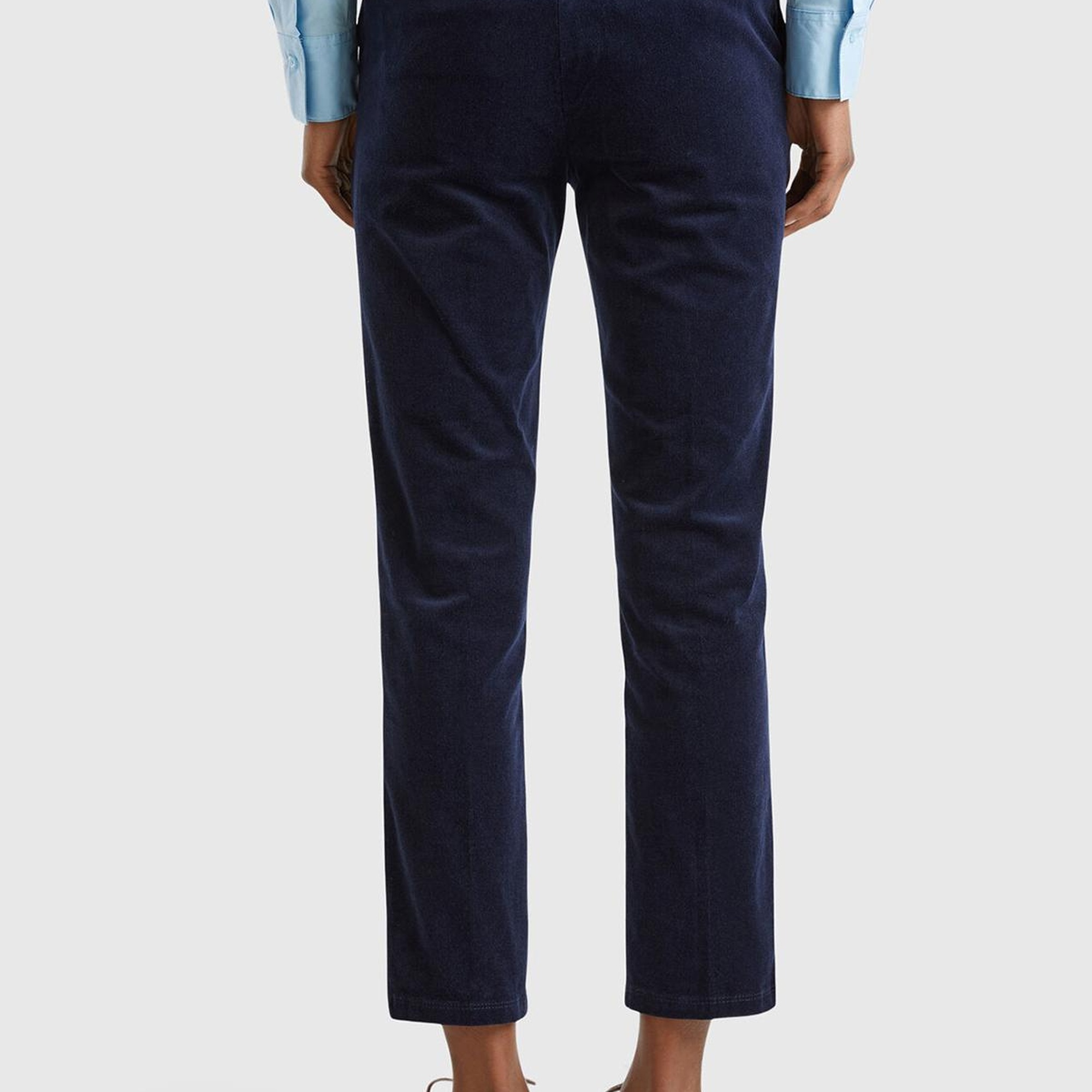 Kadın Lacivert Pamuk ve Modal Karışımlı Önü Cepli Kadife Chino Pantolon