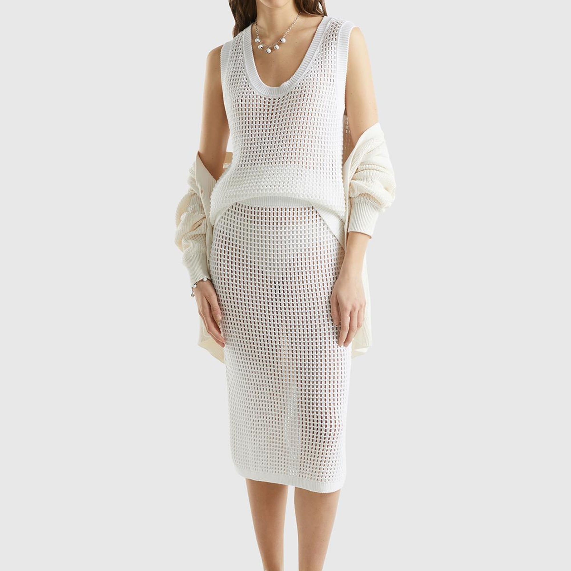 Kadın Beyaz %100 Pamuk Örgü Motifli Diz Altı Etek