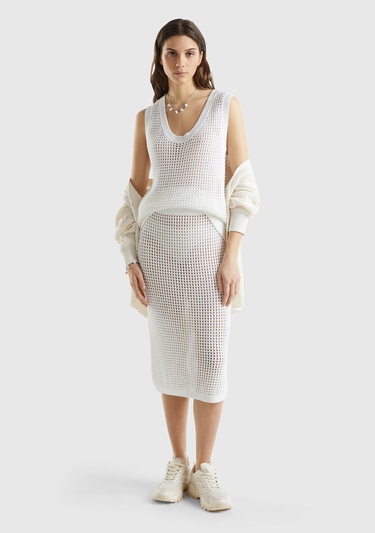  Kadın Beyaz %100 Pamuk Örgü Motifli Diz Altı Etek