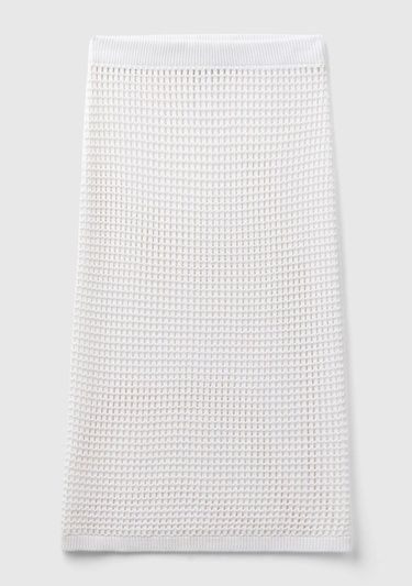  Kadın Beyaz %100 Pamuk Örgü Motifli Diz Altı Etek