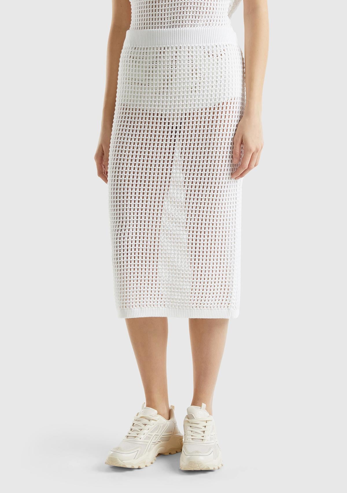  Kadın Beyaz %100 Pamuk Örgü Motifli Diz Altı Etek