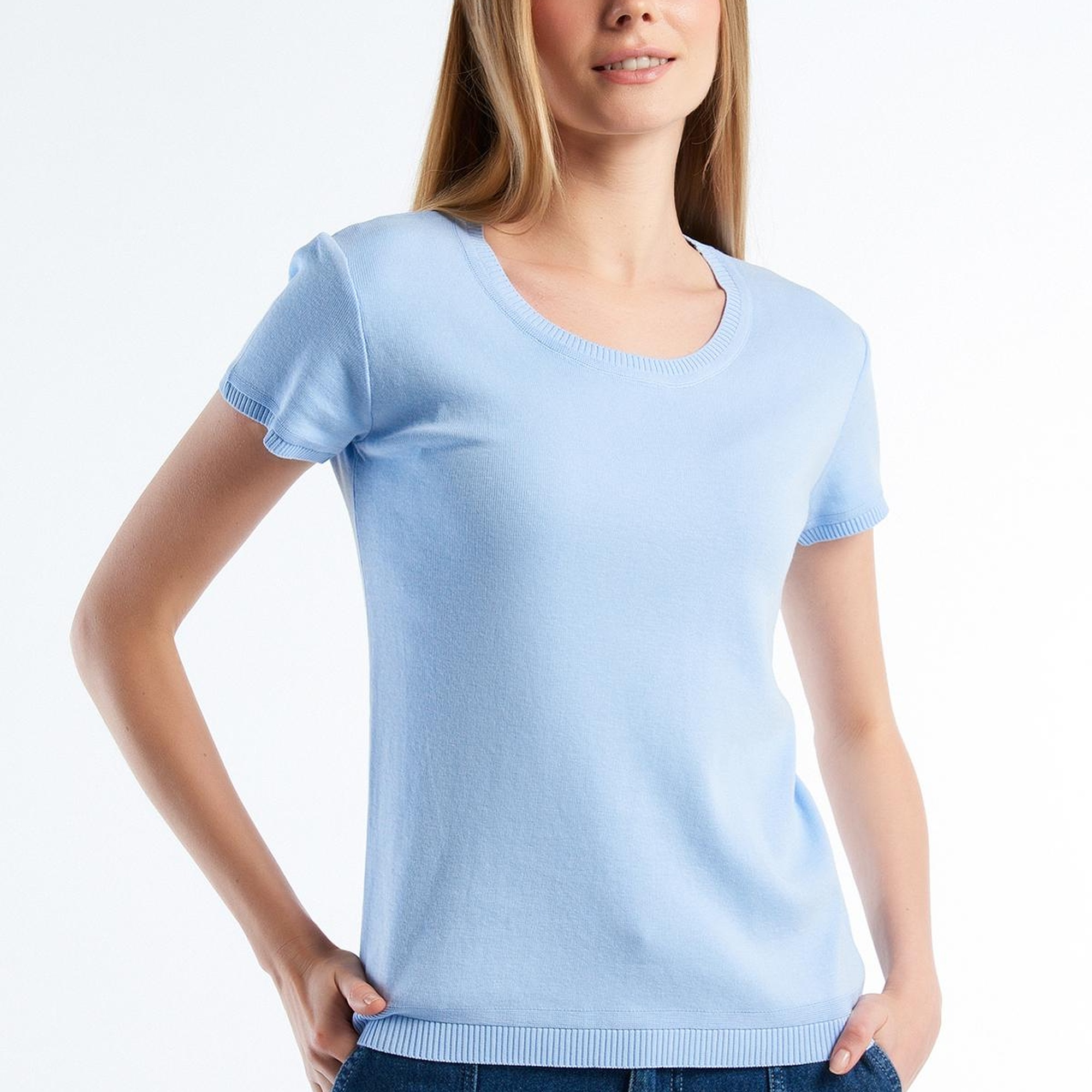 Kadın Açık Mavi %100 Koton Bisiklet Yaka Kısa Kollu Kazak