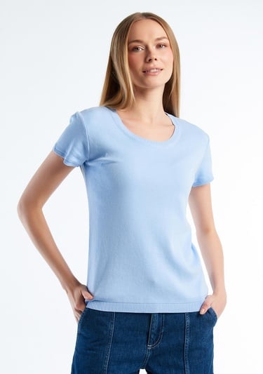  Kadın Açık Mavi %100 Koton Bisiklet Yaka Kısa Kollu Kazak