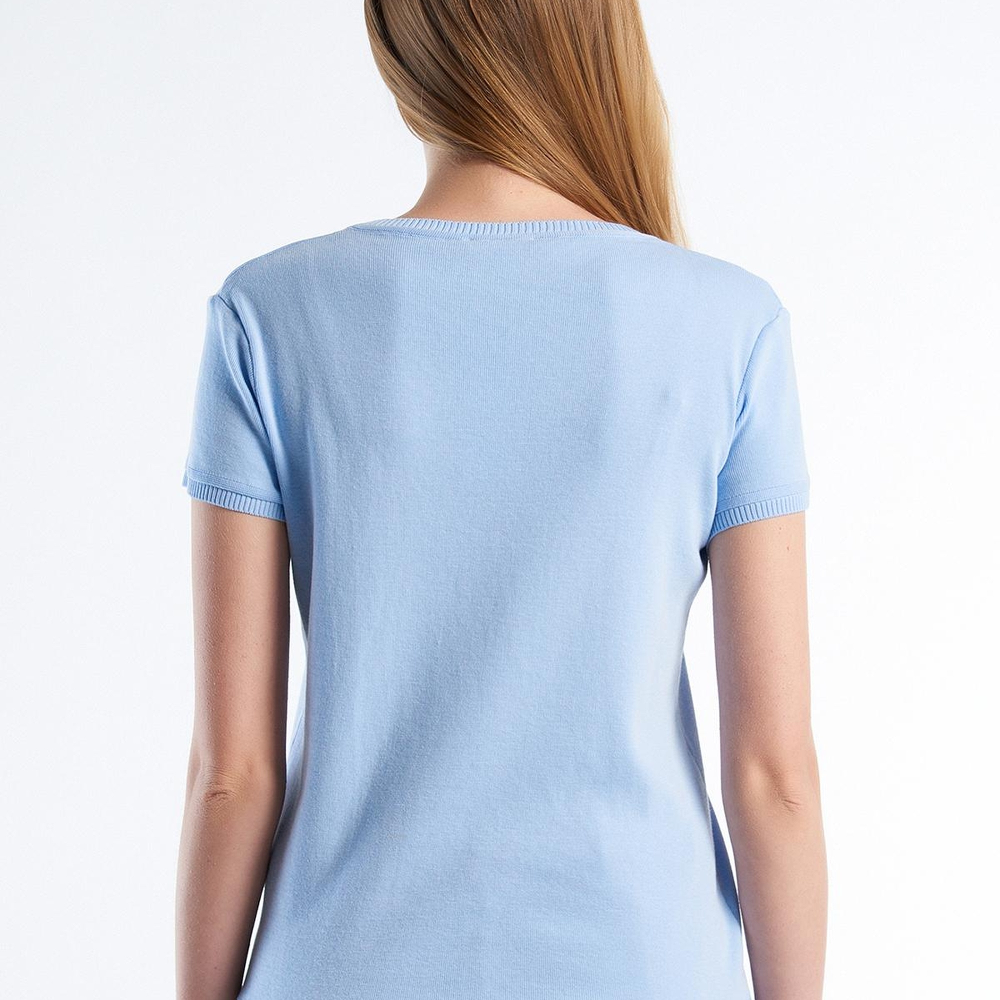 Kadın Açık Mavi %100 Koton Bisiklet Yaka Kısa Kollu Kazak