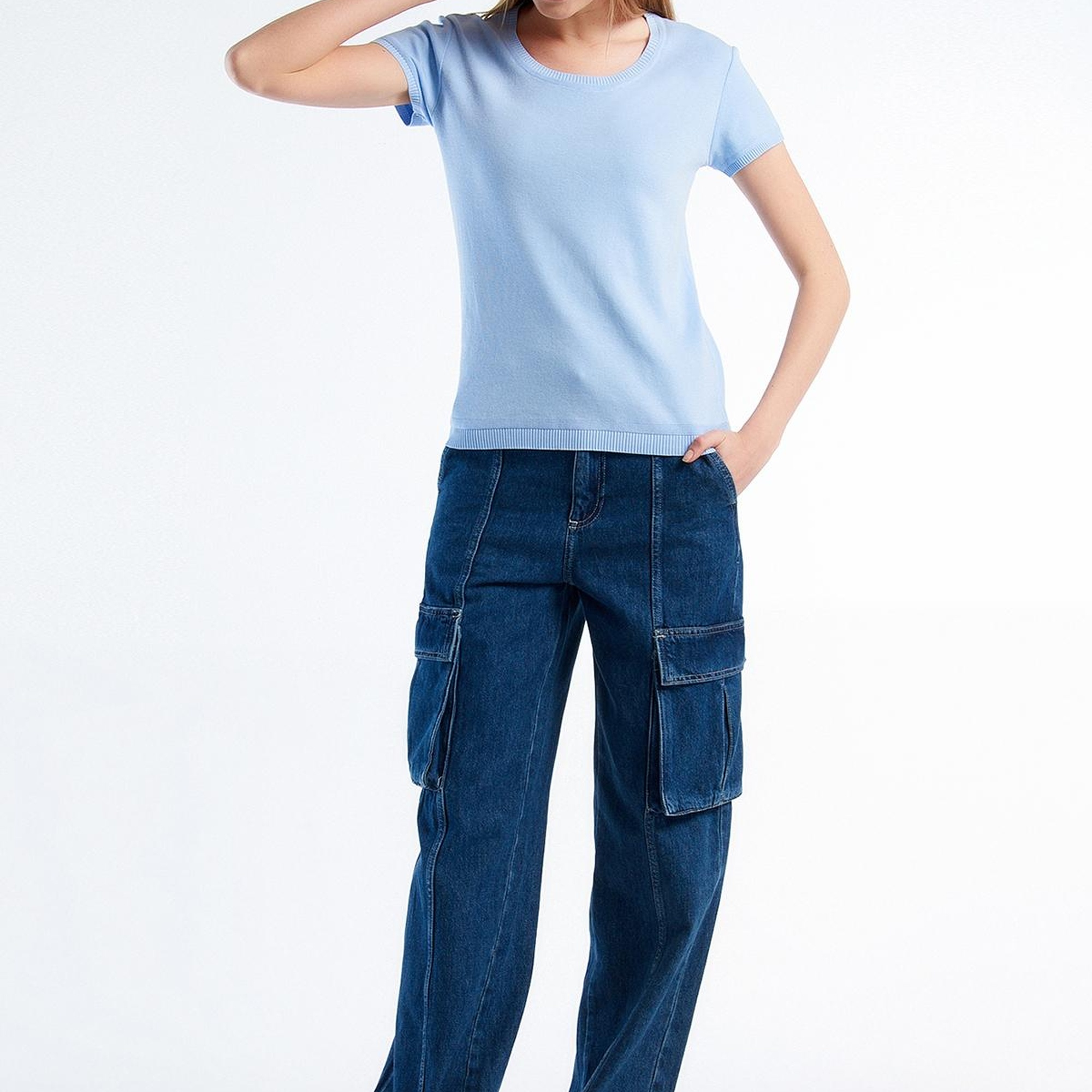 Kadın Açık Mavi %100 Koton Bisiklet Yaka Kısa Kollu Kazak