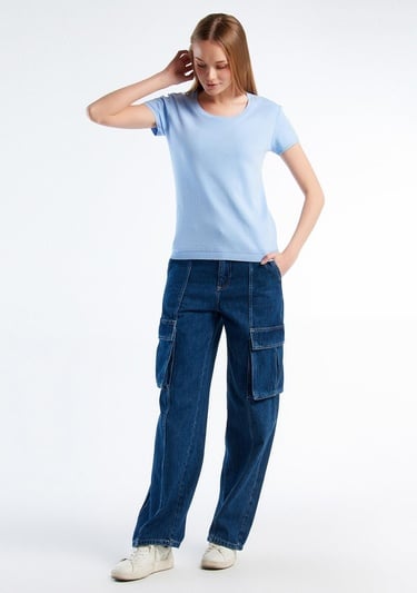  Kadın Açık Mavi %100 Koton Bisiklet Yaka Kısa Kollu Kazak