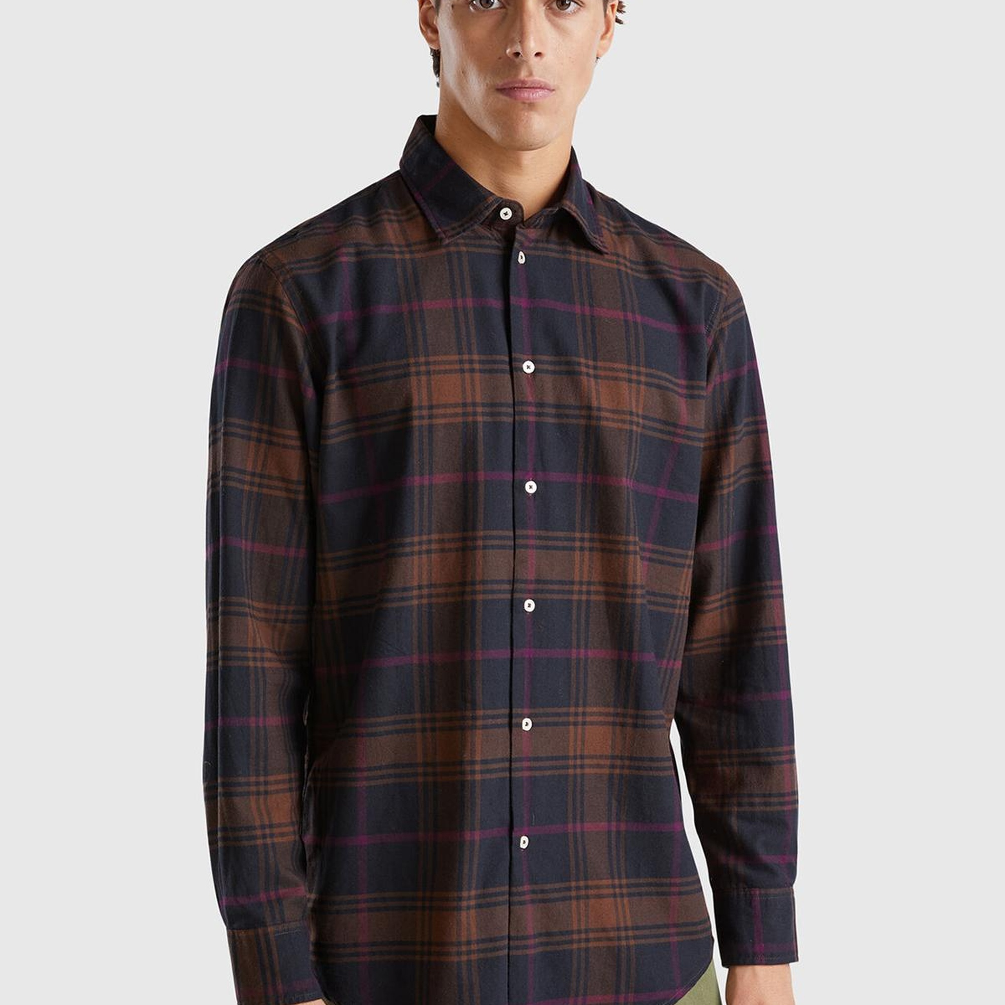 Erkek Kahverengi %100 Pamuk Regular Fit Flanel Desen Uzun Kollu Gömlek