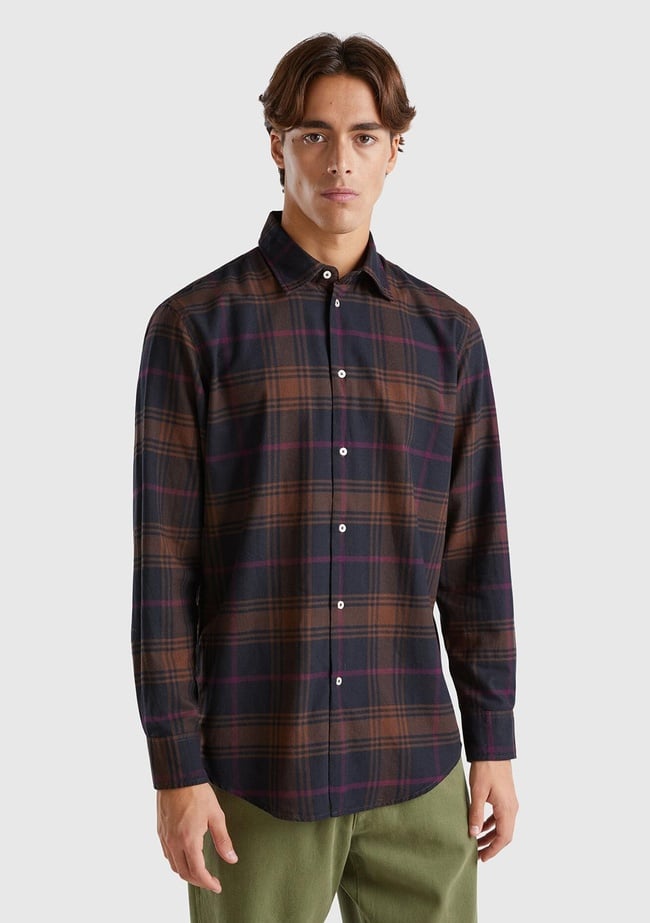  Erkek Kahverengi %100 Pamuk Regular Fit Flanel Desen Uzun Kollu Gömlek