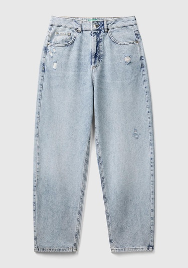  Kadın Açık Mavi %100 Koton Balon Fit Denim Pantolon