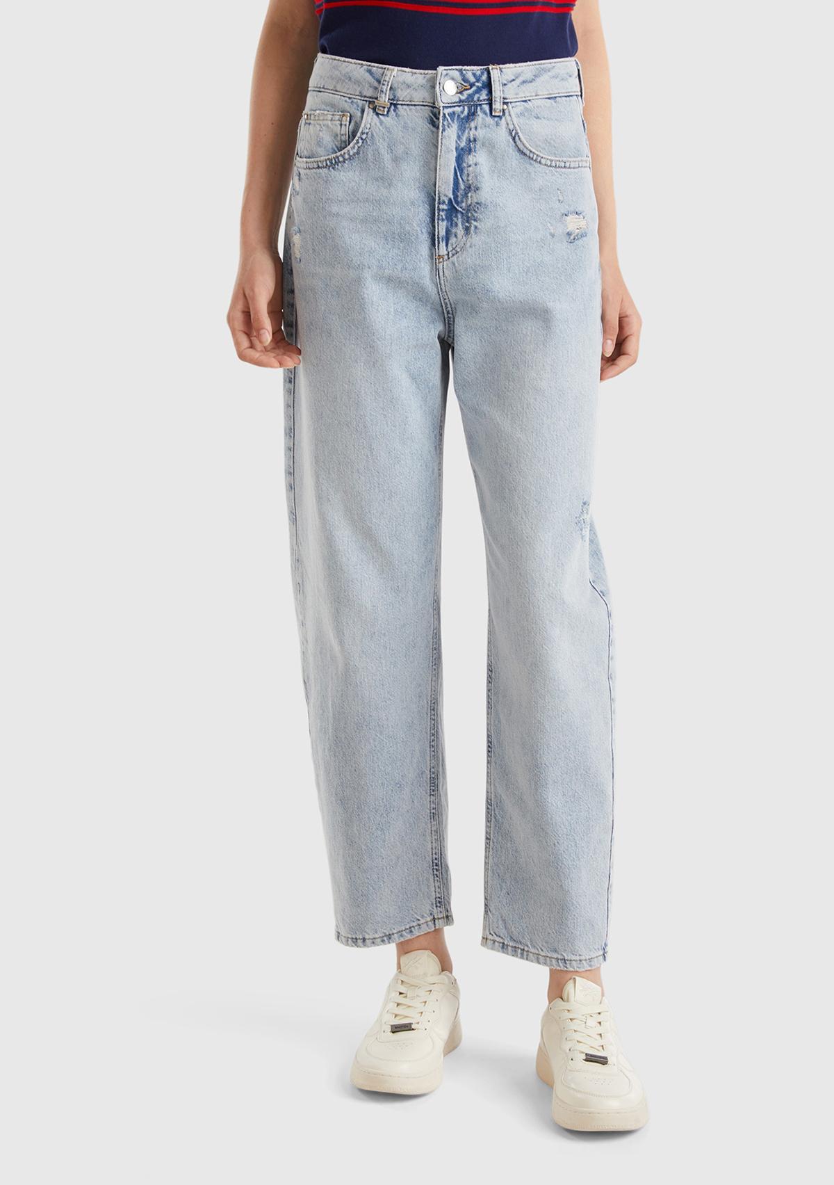  Kadın Açık Mavi %100 Koton Balon Fit Denim Pantolon