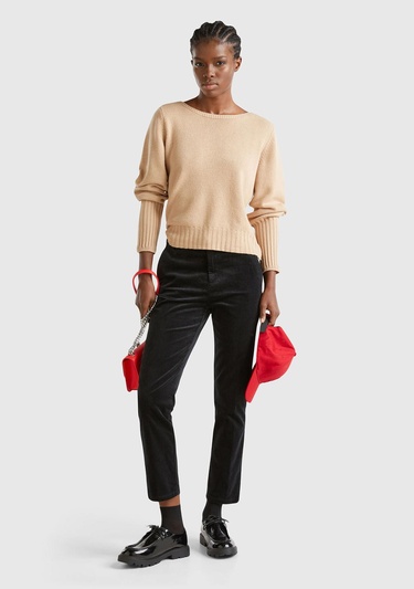  Kadın Siyah Pamuk ve Modal Karışımlı Önü Cepli Kadife Chino Pantolon