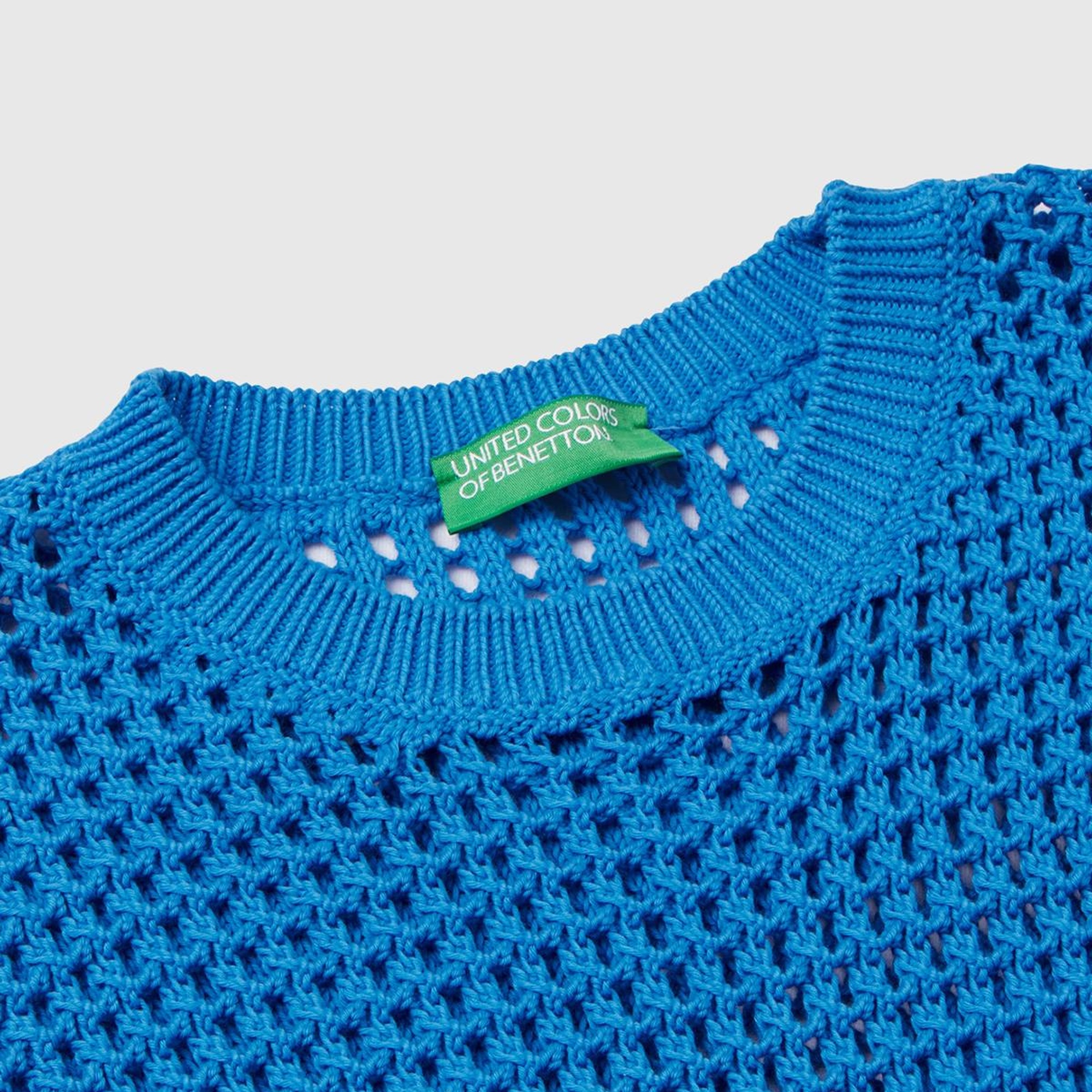 Kadın Mavi %100 Pamuk Örgü Motifli Kalın Askılı Süveter