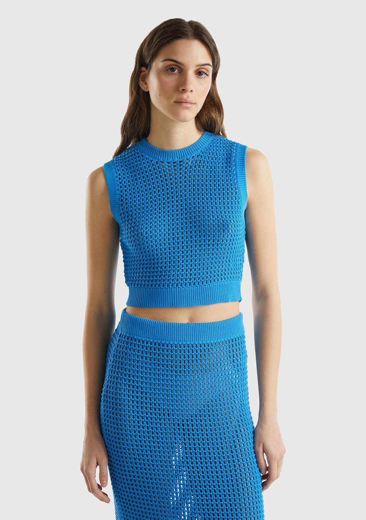  Kadın Mavi %100 Pamuk Örgü Motifli Kalın Askılı Süveter