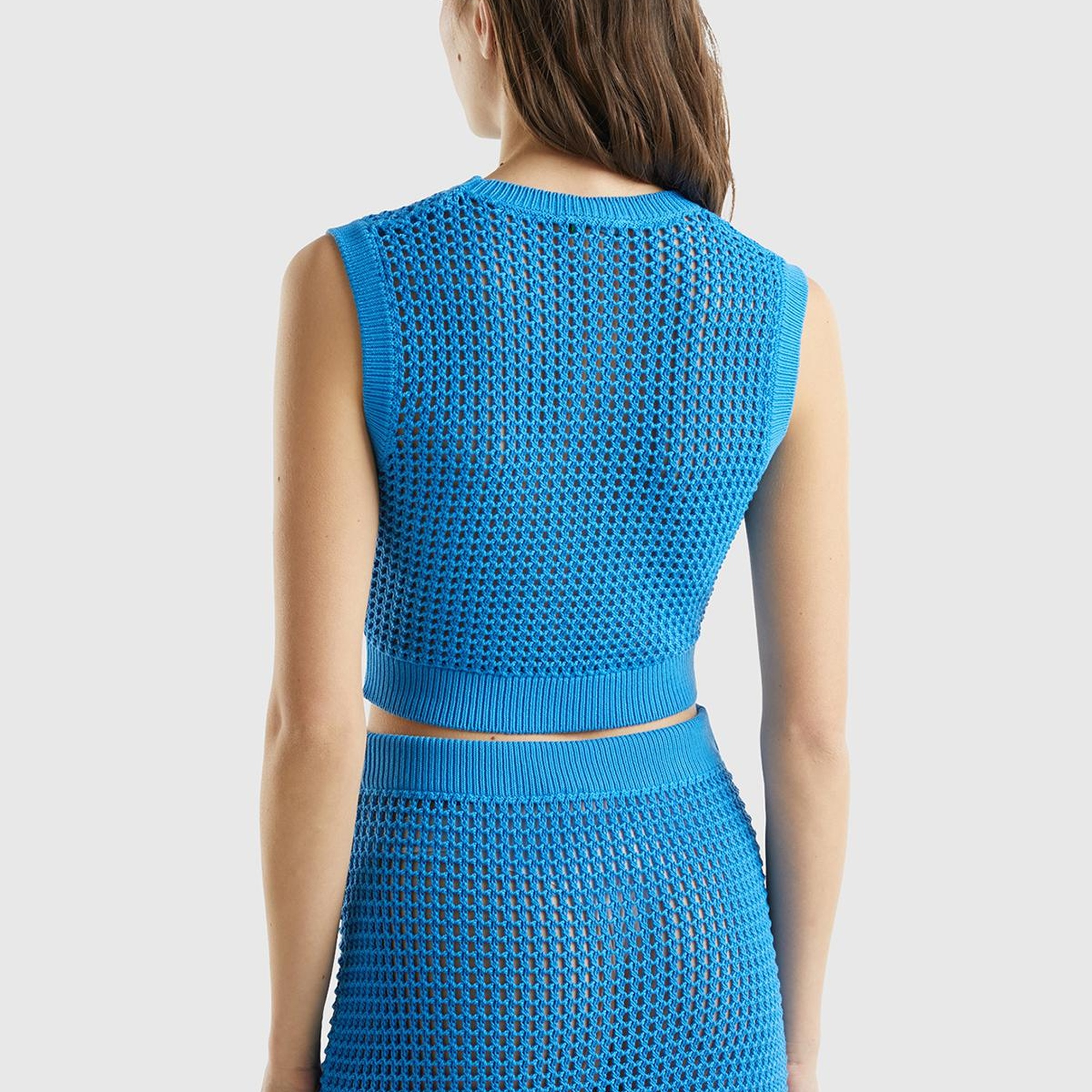 Kadın Mavi %100 Pamuk Örgü Motifli Kalın Askılı Süveter