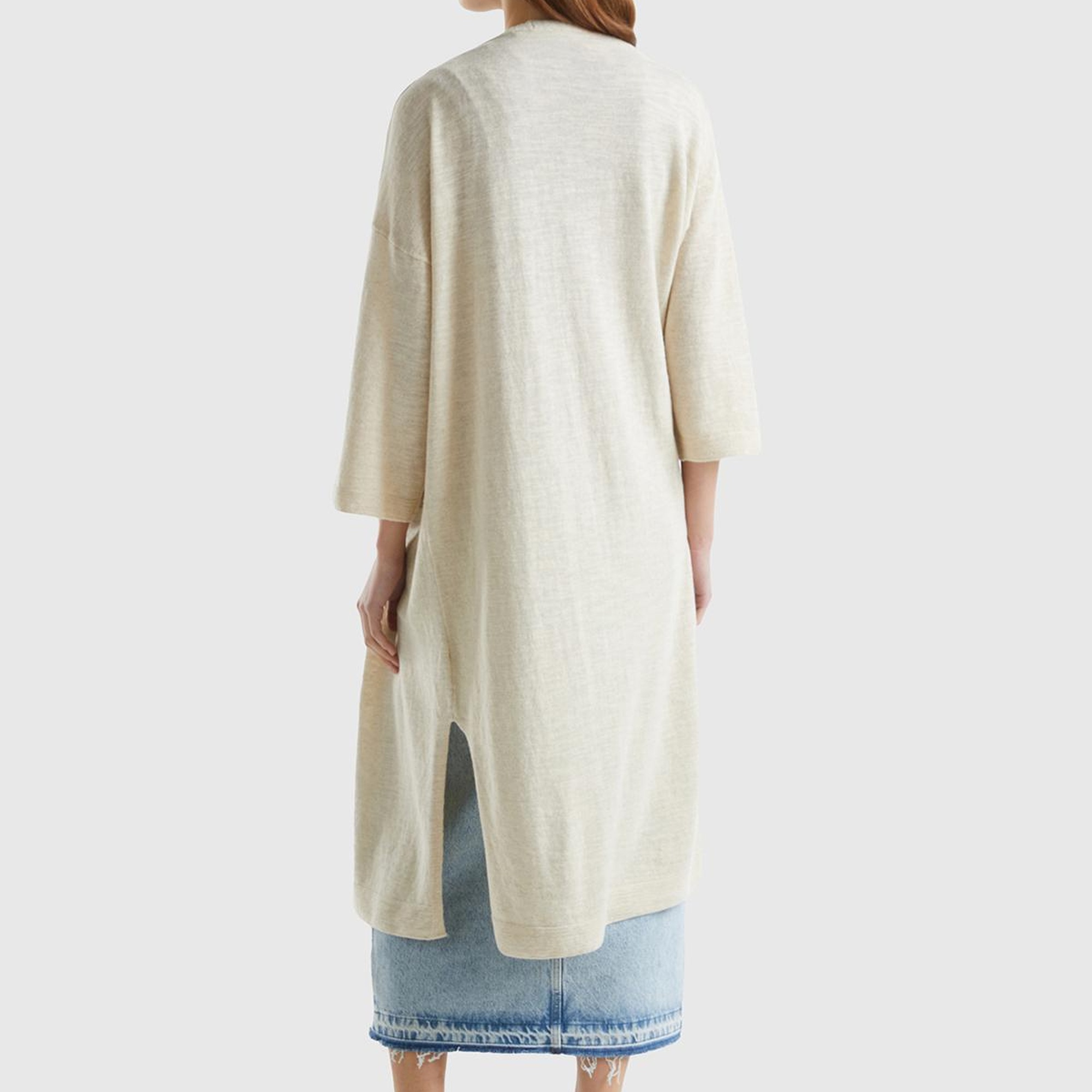 Kadın Vanilya Pamuk Keten Karışımlı Yırtmaçlı Uzun Hırka