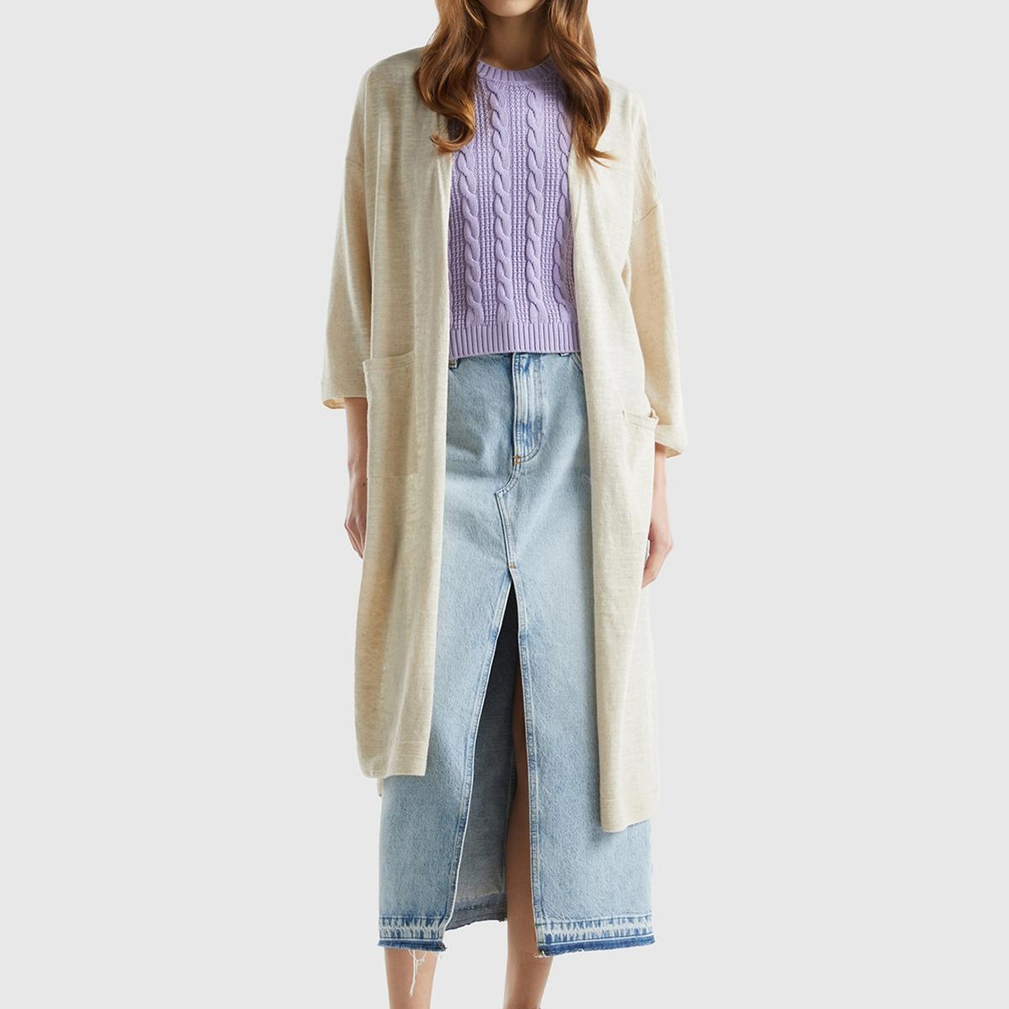 Kadın Vanilya Pamuk Keten Karışımlı Yırtmaçlı Uzun Hırka