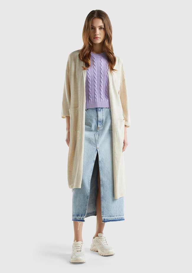  Kadın Vanilya Pamuk Keten Karışımlı Yırtmaçlı Uzun Hırka