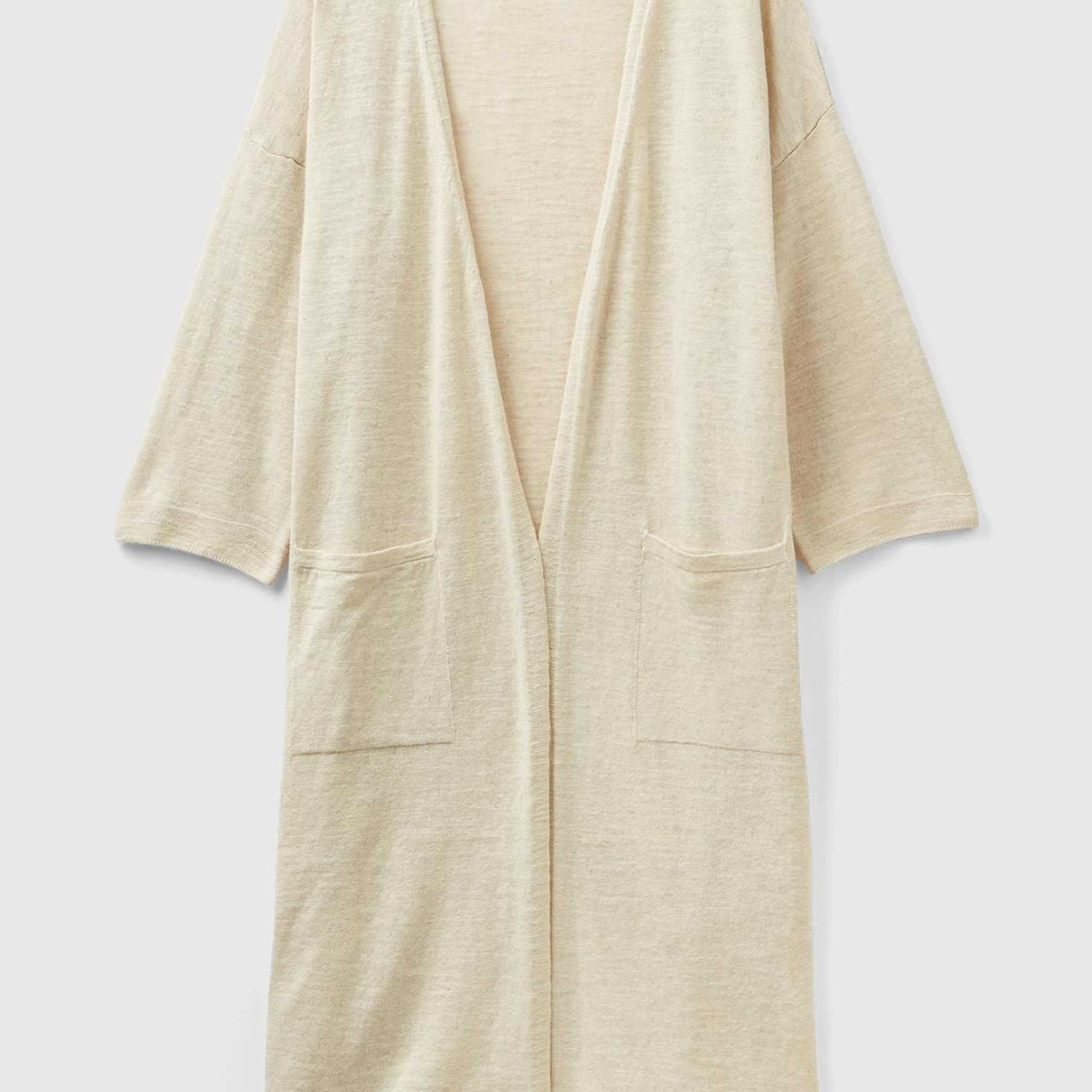 Kadın Vanilya Pamuk Keten Karışımlı Yırtmaçlı Uzun Hırka