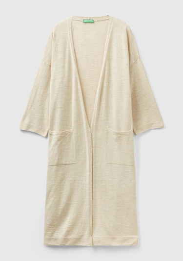  Kadın Vanilya Pamuk Keten Karışımlı Yırtmaçlı Uzun Hırka