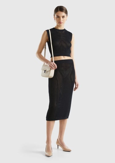  Kadın Siyah %100 Pamuk Örgü Motifli Kalın Askılı Süveter