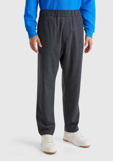  Erkek Antrasit Melanj Yün ve Viskoz Karışımlı Arkası Biyeli Cepli Beli Elastik Pantolon