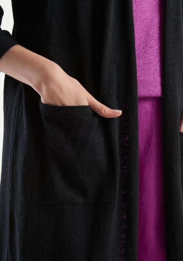  Kadın Siyah Pamuk Keten Karışımlı Yırtmaçlı Uzun Hırka