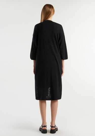  Kadın Siyah Pamuk Keten Karışımlı Yırtmaçlı Uzun Hırka