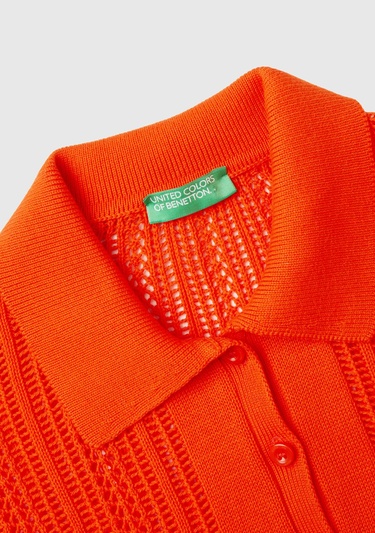  Kadın Nar Çiçeği %100 Pamuk Tığ İşi Kolları Büzgülü Polo Yaka Triko T-Shirt