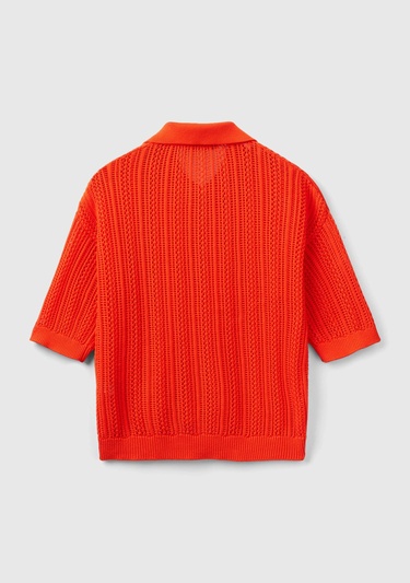  Kadın Nar Çiçeği %100 Pamuk Tığ İşi Kolları Büzgülü Polo Yaka Triko T-Shirt