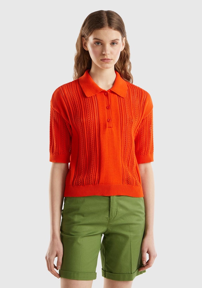  Kadın Nar Çiçeği %100 Pamuk Tığ İşi Kolları Büzgülü Polo Yaka Triko T-Shirt