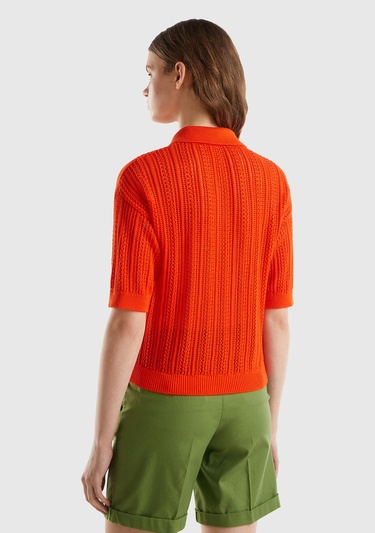  Kadın Nar Çiçeği %100 Pamuk Tığ İşi Kolları Büzgülü Polo Yaka Triko T-Shirt